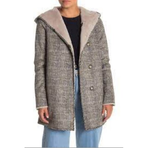 💕LOVE TOKEN💕 Eddie Faux Fur Reversible Hooded Coat ~ Plaid Print Small S NWT - Picture 1 of 16